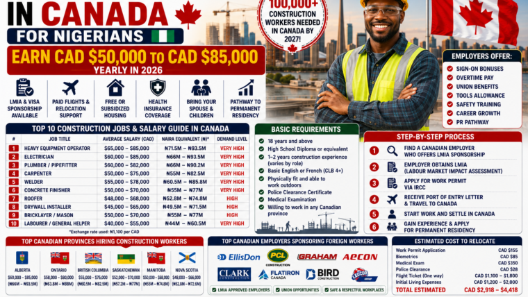 Construction Jobs in Canada for Nigerians – CAD $50,000 to CAD $85,000 in 2026