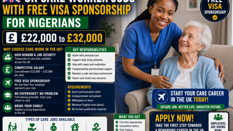 UK Care Worker Jobs with Free Visa Sponsorship for Nigerians – £22,000 to £32,000
